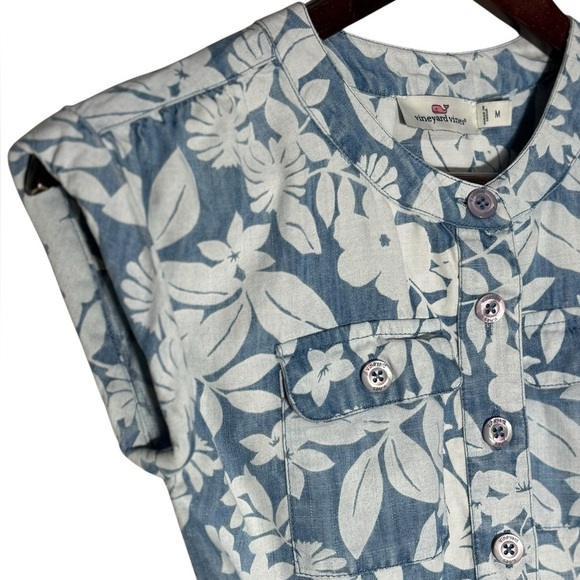 Vineyard Vines Romper Girls M Blue White Floral Chambray Button Elastic Waist - Picture 5 of 14